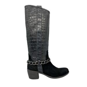 Bagatto Womens 36 6 Boots Black Leather Croc Suede Chain Western Biker Goth Punk